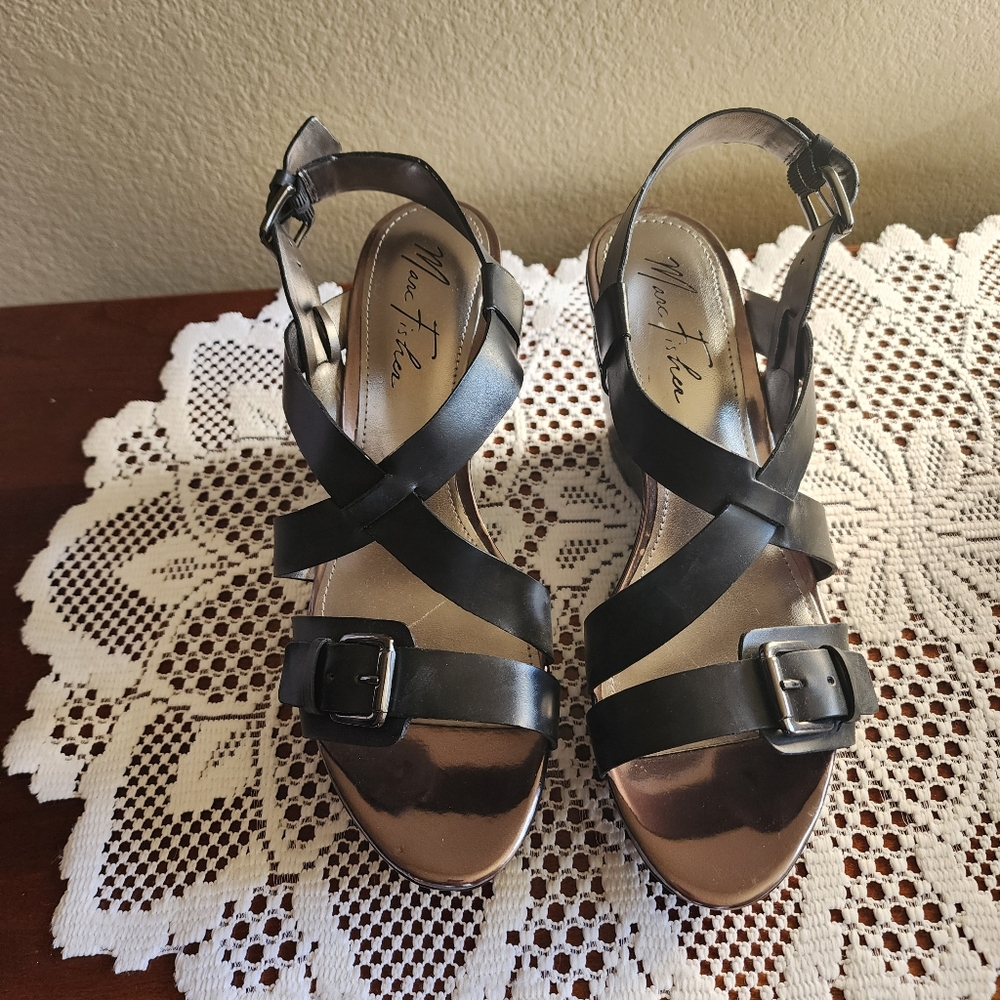 Marc Fisher Black Leather Wedge Platform Sandals.
